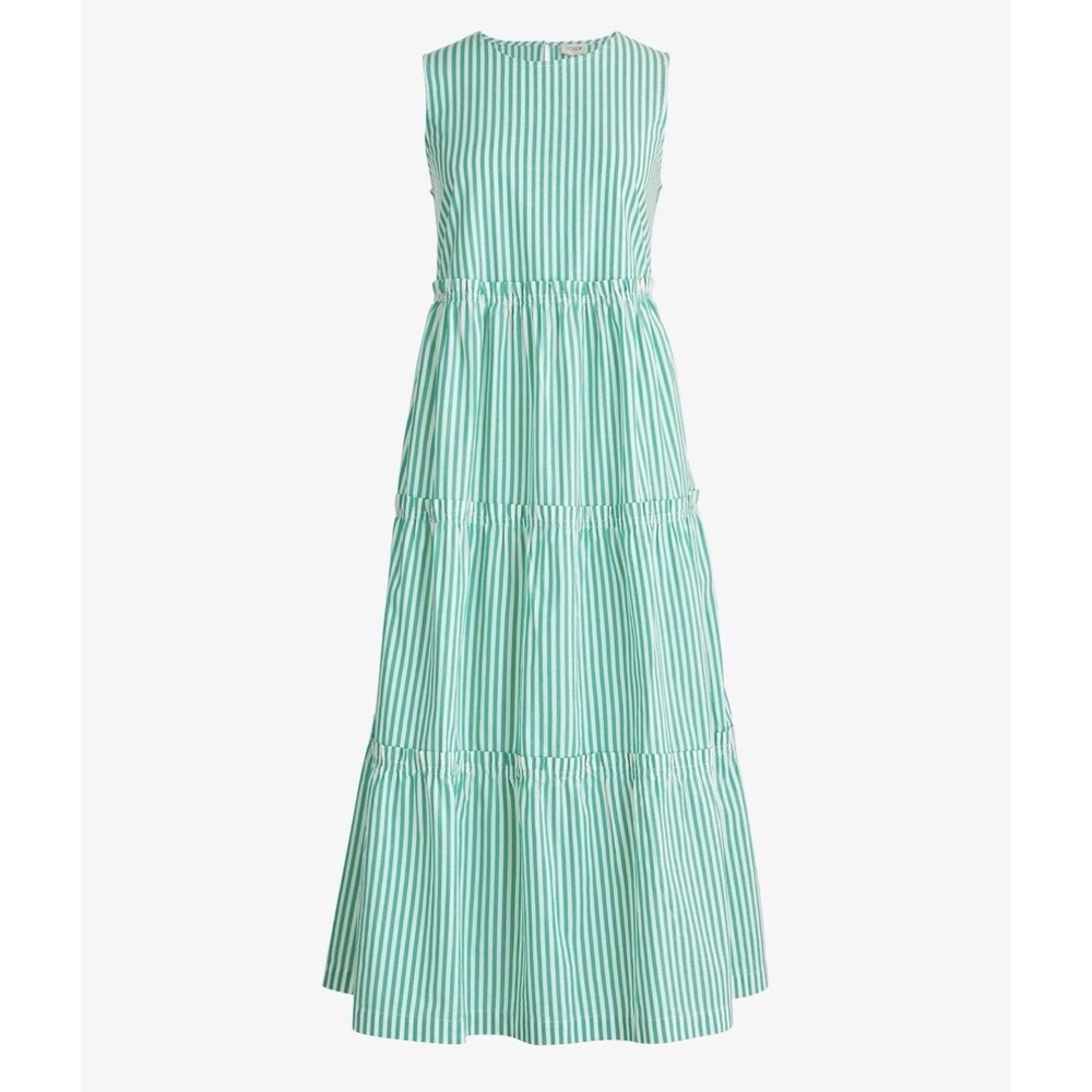 J. Crew Sleeveless Tiered Green Striped Midi Dress Pockets Cotton size 10